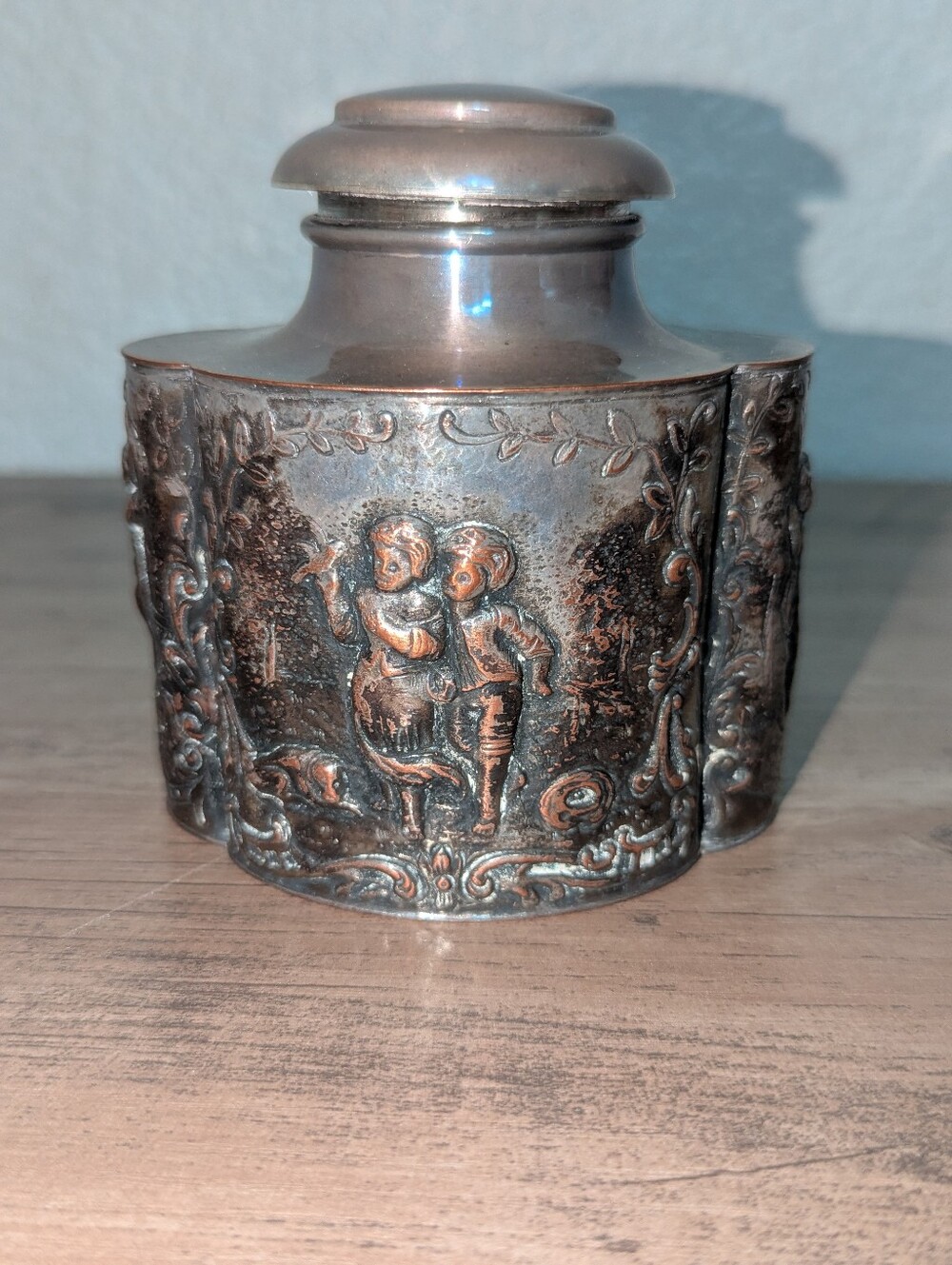Vintage Sheridan Silver on Copper Repousse Tea Caddy Jar Canister